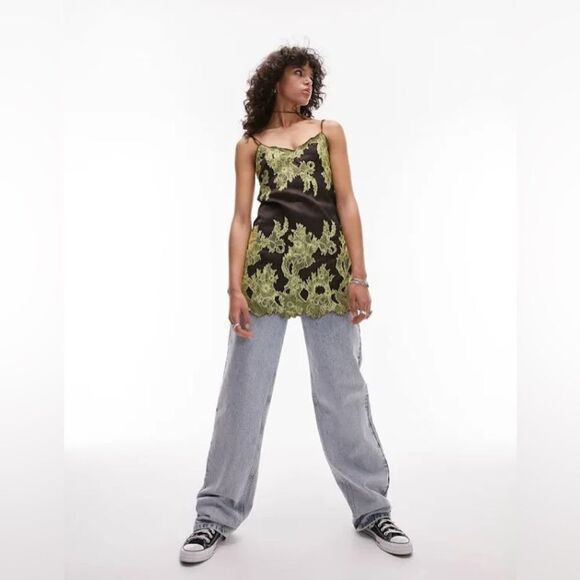 Topshop Satin and Lace Cami Mini Dress in Chocolate and lime-Brown - Picture 12 of 12